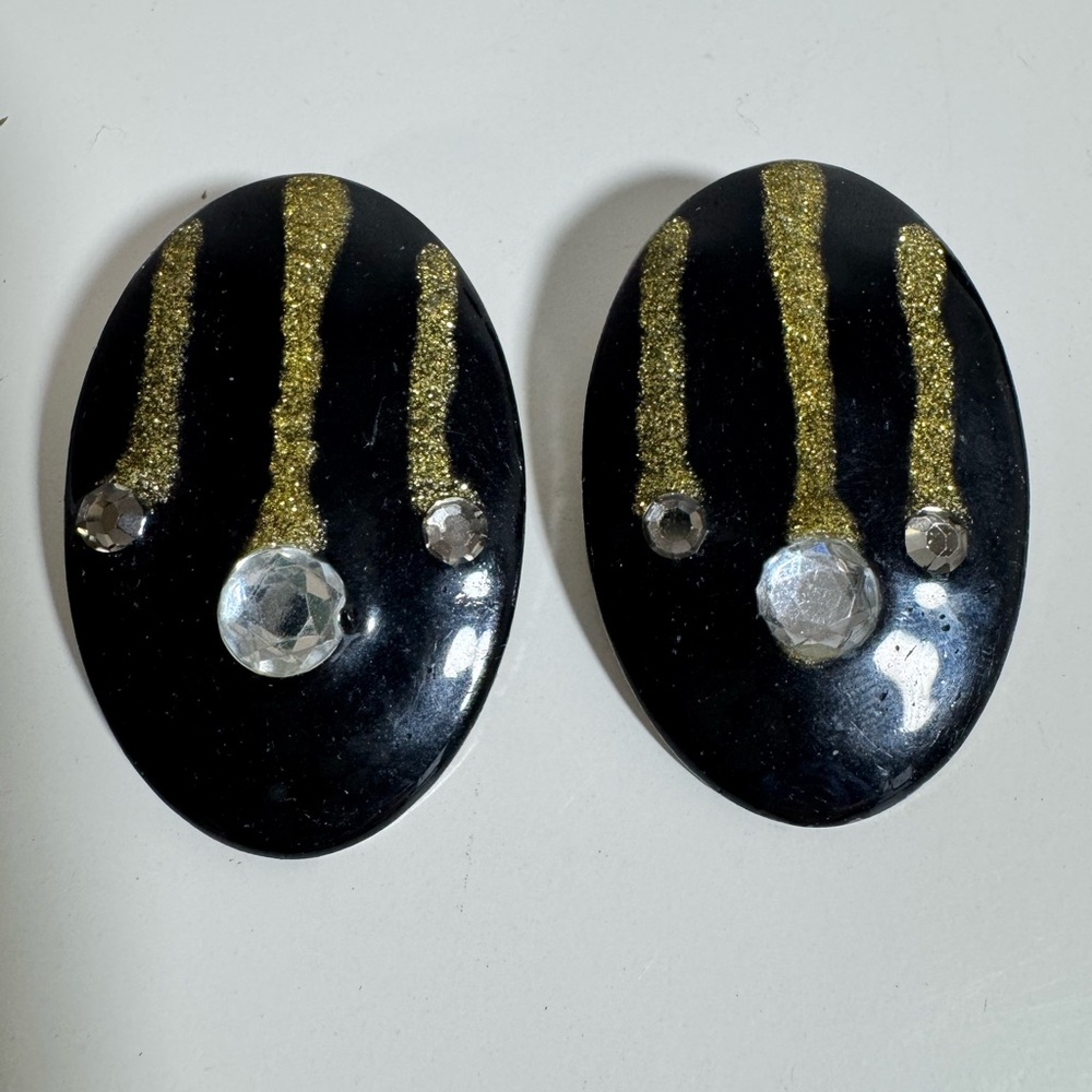 Vintage 80s Black Gold Glitter Rhinestone Oval Stud Statement Earrings pierced